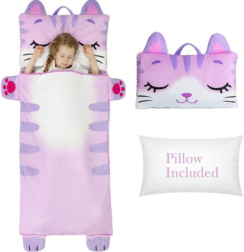 Wizland Kinder-Schlafsack für Mädchen, Kindertagesstätte, Flanell, Kitty, Nickerchen, Vorschule, Ruhematten, Kindergarten, flauschig, warm, tragbar, rosa, Dicke Nickerchenrolle für Kleinkinder, 150 x