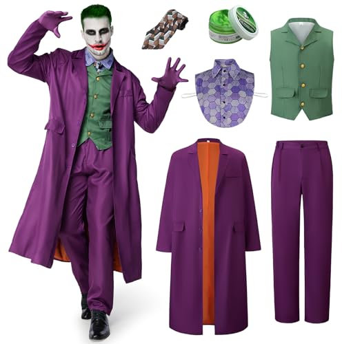 IEEILULU Joker Kostüm Herren, Horror Clown Halloween Killer Outfit Set Mit Lila Mantel, Grüne Weste, Hose, Krawatte, Falschem Hemdkragen und Handschuhen (L)