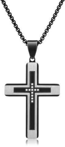 Jovivi Kreuz Kette Herren Edelstahl Kreuz Anhänger Kette mit Zirkon Kreuzkette Religiöse Gebet Kreuz Anhänger mit 24 Kette Amullet Schmuck für Männer