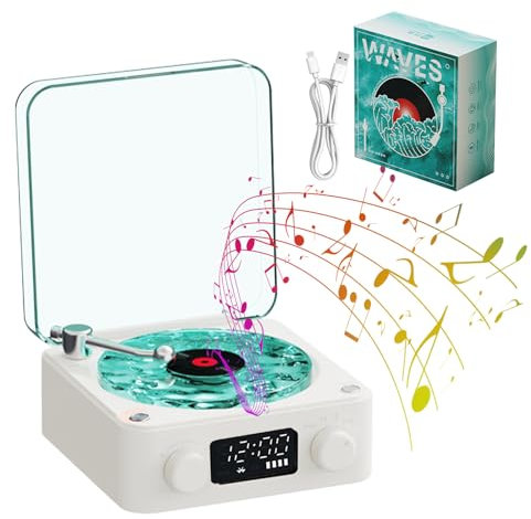 The Waves Reproductor de Vinilo - Altavoz Retro Portátil de Ruido Blanco Con 4 Sonidos de la Naturaleza, Luz RGB y Disco Mini (Blanco)