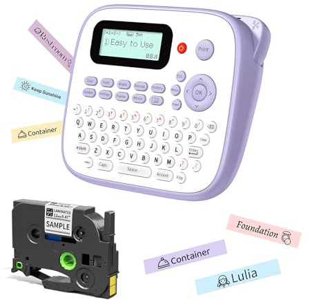 EazeID Etikettmaskin med vattenfast, D210S, bärbar QWERTY tangentbordsetikettmaskin, barnetiketter, flera symboler för hemmakontor, skolmaterial, lila