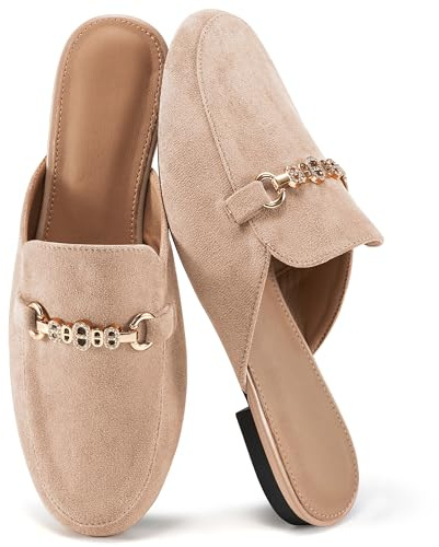 Womens Mules Buckle Flats: Classic Suede Slip On Shoes Dressy Closed Toe Backless Slides Loafers 2026 for Business Work Office Casual Apricot