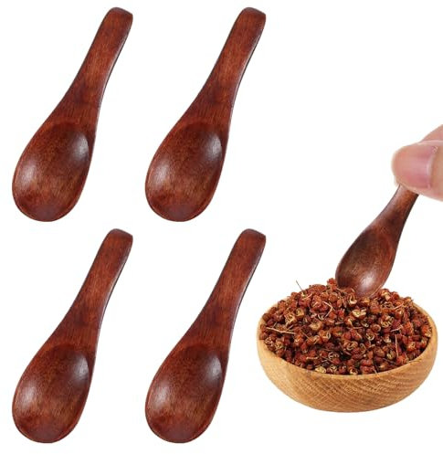 Lot de 4 petites cuillères en bois pour miel, mini cuillères à sel en bois pour crème glacée, épices, miel, café, thé, sucre, sel, moutarde, condiments (marron, 6,9 cm)