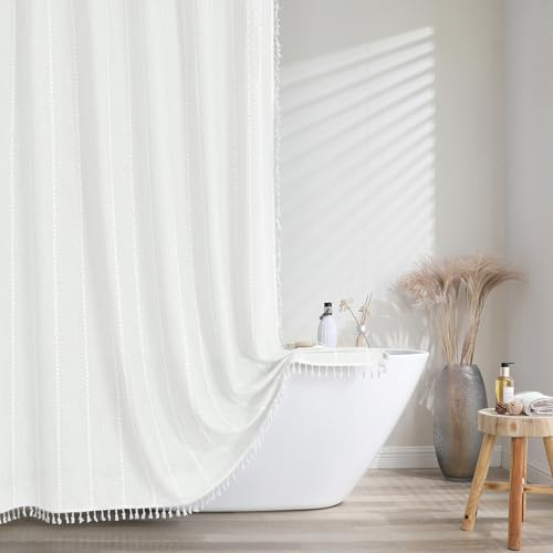 meioro randigt duschdraperi boho bondgård duschdraperier, linne vävt tyg textil duschdraperi set med 12 krokar, vattentät rustik böhmisk duschdraperi för badrum (vit, 183 x 183 cm)