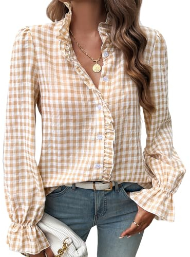 Womens Plaid Blouse Button Down Puff Sleeve Ruffle Neck Gingham Shirt | Gingham Top, V Neck Puff Sleeve, Long Sleeve Work Business Casual Blouses, Checkered Blouses,Loose Fit