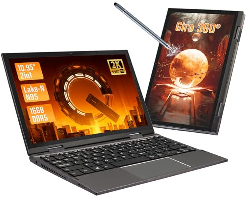 Mini Portátil 2 en 1 10.95 Pulgadas,Ordenador Portátil Win 11 Pro,16GB RAM DDR5,Convertible 360°,Laptop Pantalla Táctil De 2000 X 1200, Celeron N95 (Hasta 3.4 GHz), 2xUSB, BT 5.0(Gris,16G+256G SSD)