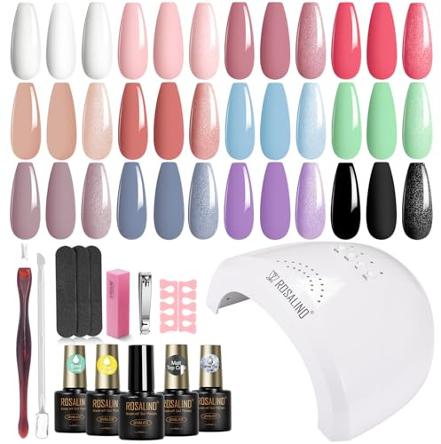 ROSALIND Kit Uñas Semipermanentes, 48W Lampara uñas semipermanentes, 12+4 PCS Kit Pintauñas Gel Completo Lámpara UV Blanco Rosa Azul Verde Morado Esmaltes Permanentes Manucira