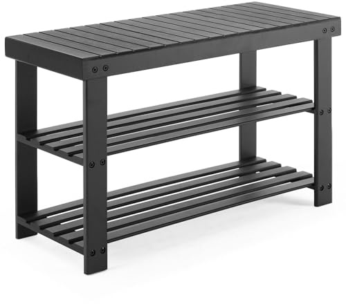 Sweetcrispy 3-Tier Shoe Rack Bench, Bamboo Entryway Storage Organizer, Shoes Stand for FrontDoor Entrance, Bedroom, Living Room, 286lb Capacity, 11.3 x 27.6 x 17.8 Inches, Pitch-Black
