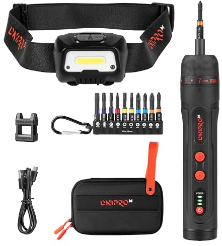 DNIPRO-M Kit Destornillador Eléctrico Inalámbrico 3.6V + Linterna Frontal LED 300 lm – 4,5Nm / 10Nm Manual, USB-C, 320 RPM, 2000mAh, 10 Puntas, Sensor Movimiento, Estuche – CSD-40X + FX-5