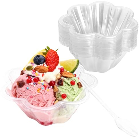 UOCAI 50 Stück Desserttassen Kunststoff mit 50 Löffeln, Wiederverwendbare Dessertgläser Plastik Plastikschalen Dessertbecher Dessertschalen Eisbecher Snackschale Stapelbar für Hochzeiten Feiern