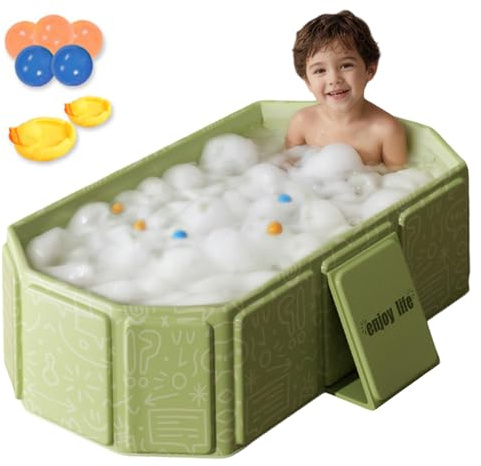 Bañera plegable para bebés, Bañera plegable de PVC con desagüe y pies de apoyo, portátil de 29, 5x17, 7x9, 8 pulgadas con juguetes para niños de 0 a 8 años portátil para niños