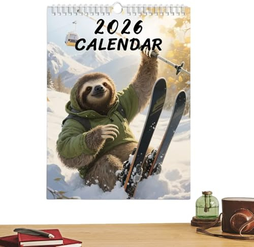 Rolig djurkalender 2026, söt skidsengångare 12 månadsplanerare – 21 x 28 cm estetisk kalender | för hem arbetsplats lägenhet hus sovrum vardagsrum skola barnkammare butik