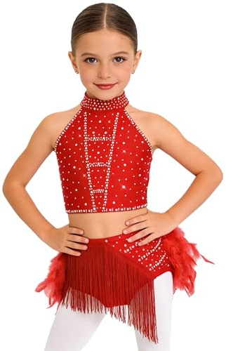 TiaoBug Costume Danse Jazz Enfant Fille Justaucorps Gymnastique à Paillettes Top et Jupe Robe Danse Latine Jazz Rumba Salsa Valse Tango Costume Spectacle 5-16 Ans