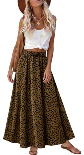 KISSMODA Maxi Skirt for Women Summer Long Skirts Casual Vacation Boho Skirt | Elasticated High-waisted Waistband and Adjustable Drawstring, Classic Boho Beach Vacation Maxi Skirts, Flowy A-line Skirt