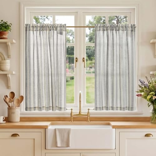 TOPICK Linen Look Kitchen Curtains, Cafe Curtains, W36 xL36 Black Striped | 2 Panels Rod Pocket Light Filtering Curtains, Half Window Curtain 2 Drapes for Bedroom, Living Room, Cupboard Base, Sink