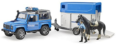 bruder 02588 - Land Rover Defender Polizeifahrzeug, Pferdeanhänger, 1 Pferd, 1 Polizist, Light & Sound Modul - 1:16 Jeep Pick-up Geländewagen bworld Ordnungshüter Wachtmeister Spielzeug