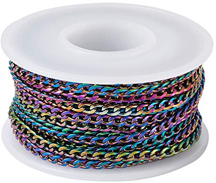 Craftdady 16 fot rostfritt stål pansarkedjelänk med spole flerfärgad osvetsad tvinnad korskabel kubanskt halsband kedja galvaniserad effekt för smycken halsband armbandstillverkning, 4,5 x 3 x 1 mm