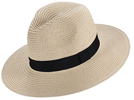 Sombrero de Paja Panamá para Hombre, con Banda Grosgrain, Sombrero Transpirable de ala Ancha para el sol, Traveller, Ocio, Deporte, Primavera, Verano (Beige)