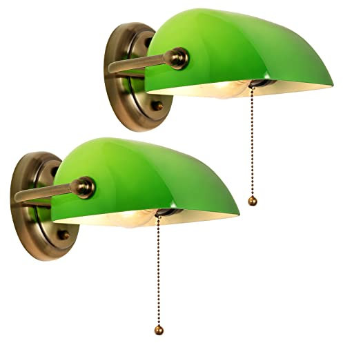 FIRVRE Verde Applique da Parete Banchieri in Vetro Lampada da Parete Vintage Lampada a Muro a Catena in Metallo Antico in Ottone Finitura Bronzo per Scale Corridoio Luce Notturna