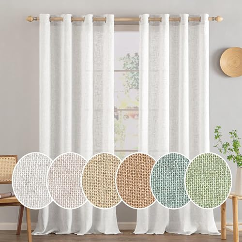 MIULEE Lino Tende Finestre con Occhielli Tenda a Pannello Traslucido Tende Moderne a Vela Trasparente Adatte per Porte Balcone Soggiorno Camera da Letto 2 Pezzo Set Lino Bianco 140x260 cm