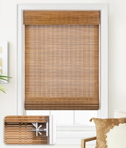 LazBlinds No Tools No Drill Cordless Bamboo Roman Shades, Light Filtering Window Treatment, Roll Up Bamboo Blinds for Window 30'' W x 64'' H, Ceylon Light Russet
