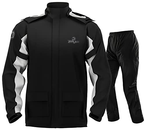 IRON JIA’S Regenanzug Herren Motorrad Regenjacke Wasserdichter Winddicht Atmungsaktiver Reflektierender mit Kapuze mit Reißverschluss Hochwertige Outdoor Regenmantel-Schwarz-L