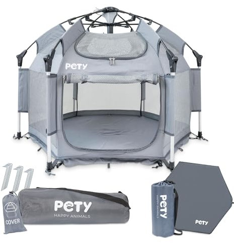 PETY Laufstall Set für Hunde - 100 x 60 cm mobiles Hundezelt mit Tragetasche, UV-Dach und Bodenmatte - Outdoor und Indoor Tiergehege - Hunde Reisezubehör für Camping – Anthrazit