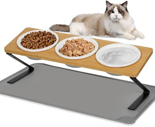 Cinnani Katzennapf Erhöht - 3er Set Futternapf aus Keramik mit Napfunterlage Silikon - 15° gekippte Futterstation Hundenapf - Fressnapf und Wassernapf für Katzen und kleine Hunde