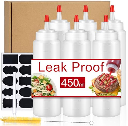Sopito Quetschflasche, Squeeze Flasche 6 Stück 450ml / 16oz Wiederverwendbare Spritzflasche mit Düsen, Kappen, Etiketten, Stift und Pinsel, Dosierflasche für Ketchup Senf Hot Sauces Öl Pigment