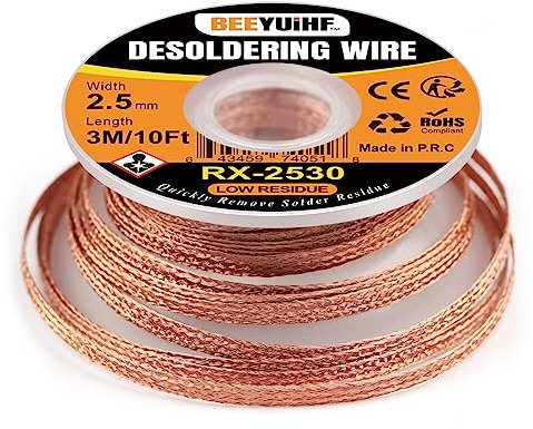 BEEYUIHF Desoldering Wick Braid, Solder Wick Braid with Flux, No-Clean Electronic Desoldering Copper Wire, Width 0.10'' Length 9.8' (Pack of 1Pcs)