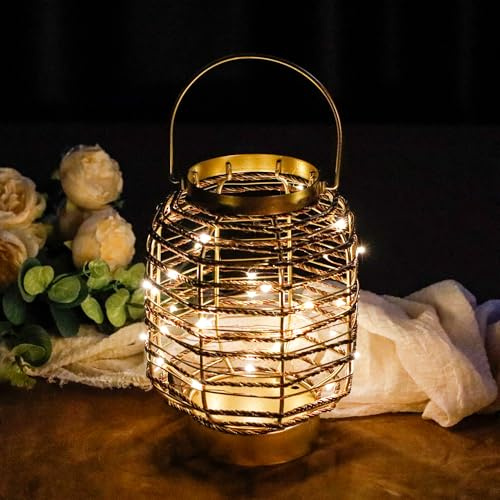 TRIROCKS Metal Cage Battery Operated Table Lamp 19.5cm H Vintage Cordless LED Lantern with 6-Hour Timer, Fairy Lights Lantern for Indoor/Outdoor Bedrooms Weddings Parties Patio Events