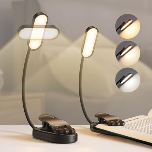 Bonsery lampe de lecture A pince 2 pièces, USB C lampe de lecture rechargeable 16 LED avec gradation continu et 3 modes (chaud/froid/naturel), 360° flexible lampe de livre, noir