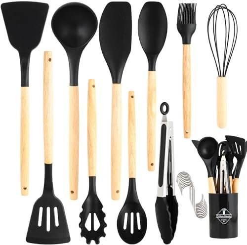 Utensili Cucina Silicone, set di 22 utensili cucina senza BPA, manico in legno, antiaderenti, resistenti al calore, con 10 ganci, nero