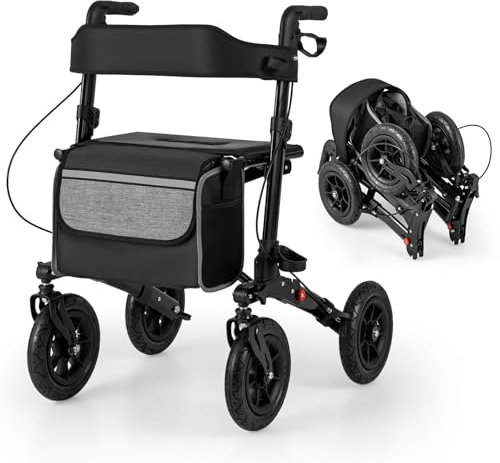 COSTWAY Déambulateur Pliable Tout-Terrain à 4 Roues avec Siège, Rollator avec Pneus de 23 cm Hauteur Réglable Dossier Ergonomique et Cadre en Aluminium Léger (62 x 82 x 81,5-97 cm,Noir)
