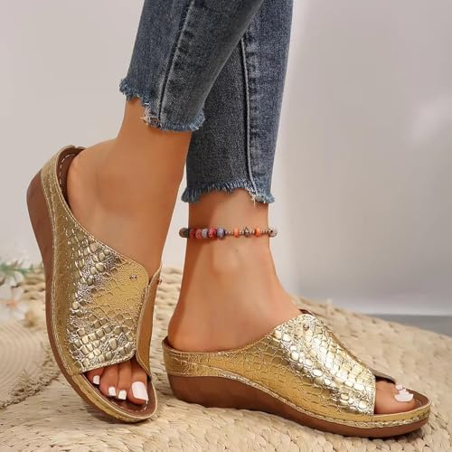 Sandales Confortables Orthopédiques d'été,Mules Femme Été,Confortable Chaussure Femme,Mode Bout Ouvert Compensées Plateforme Pantoufles Premium Orthopédiques Sandales,Mules en Cuir pour Sandales