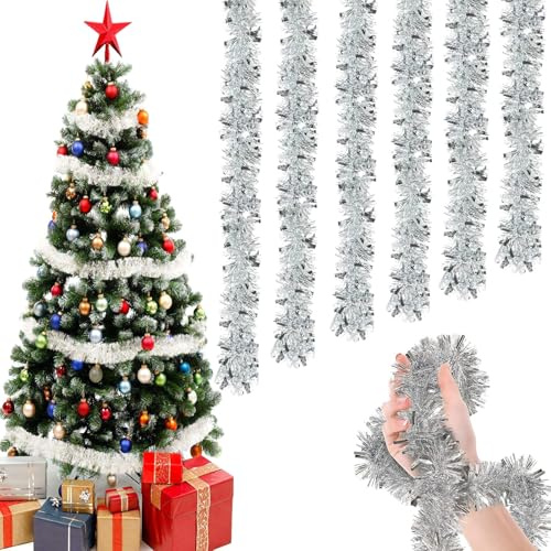 LIULINY Ghirlanda di Natale Tinsel, 6 Pcs x 2M Ghirlanda di Orpelli Natalizi Argento, Tinsel Appendere Albero Natalizia, Addobbi Natale per Albero, per Natalizie Decorazioni Casa Interno Esterni