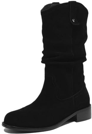 Onewus Western - Botas de caña media para mujer, estilo retro, de ante con tacón de bloque, Negro Interior Frío, 37 EU