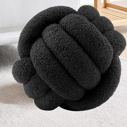 RTSFKFS Cojín de Bola de Nudo Suave, Almohadas Decorativas de Bola Circular de Bouclé de Lana de Cordero, Cojíns de Felpa Anudada Hermosa Y Cálida(Negro,35cm/13.8)