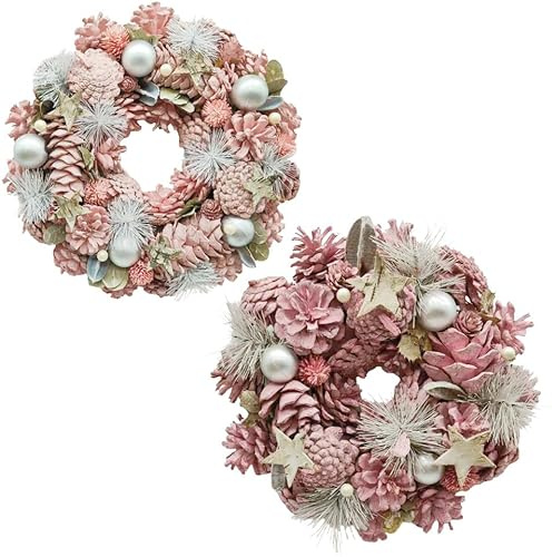 URBNLIVING Classic Christmas Wreath – Pinecones & Greenery Holiday Decoration for Door or Wall - Pink & Silver - 25cm