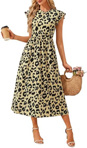HEEKPEK Abito Donna Estivo Lungo Vestito Girocollo Scollo con Manica a Volant Vestiti Eleganti Chic Stampa Abiti da Mare Casuale Spiaggia con Tasca(Accenti Floreali,L)