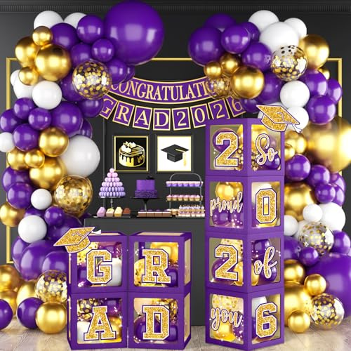 Graduation Decorations Class of 2026, Purple and Gold Graduation Decorations 2026, Purple Boxes Balloon Arch with Letters So Proud of You Grad 2026 for Memorable College Graduation Party Supplies