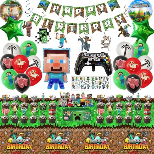 Set di decorazioni per il compleanno dei bambini, 57 pezzi di decorazione di compleanno per ragazzo, Include Tatuaggi temporanei per bambini, Decorazione per torta, Palloncini, Striscione, Tovaglia
