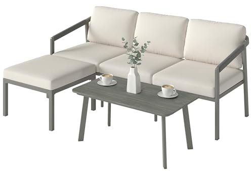 Outsunny Conjunto de Muebles Jardín Exterior Sofá Exterior Marrón Beige | 3 Piezas, Seccional Forma de L, Sofá de 3 Plazas, Reposapiés, Mesa Centro de Listones, Cojines de 10 cm, Terraza Patio