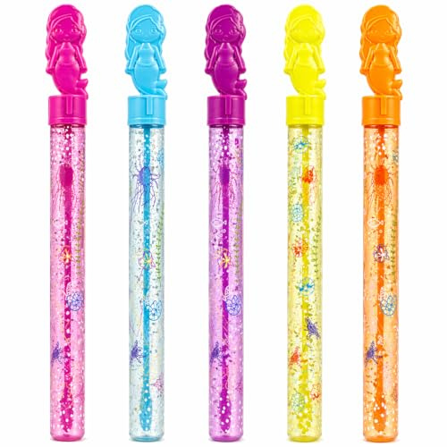 Mermaid Bubble Wands 35cm Pack of 5 Scented Kids Bubble Toys Party Bag Fillers Outdoor Garden Summer Fun Long Bubble Wand Swords with Solution 118ml Each Fruit Scented Assorted Colours Age 3+