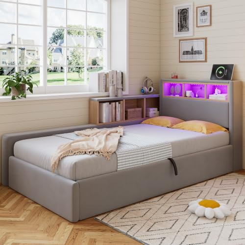 BTM Upholstered Single Bed with Charging Port, LED Strip and Storage Space, 3FT Single Bed 90x190cm, Daybed Sofa Bed, Modern Velvet Youth Bed, Velvet, Grey (No Mattress)