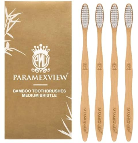Paramexview® Natural Bamboo Toothbrushes Set of 4 | BPA-Free Medium Bristles, Eco-Friendly | Biodegradable Handle, Charcoal Infused and Organic Base (White)