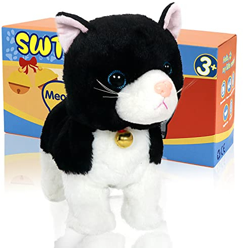 SWTOIPIG Gato Robot Interactivo de Peluche, Negro | Peluche con control por voz, 8 movimientos, se mueve y voltea, regalo Navidad y cumpleaños