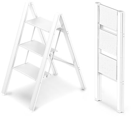 WOA WOA 3 Step Ladder, Foldable Step Stool, Lightweight Ladder for Home Kitchen Closet, Anti-Slip Aluminum Pedals, Ease of Folding, Portable, 300lbs Capacity - White