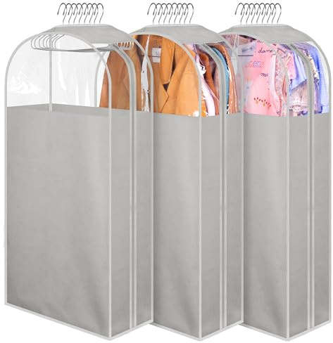 MISSLO 10 Gusseted Garment Bags for Hanging Clothes 40 Clear Suit Bags for Closet Storage Suits Cover Coat Protector, 3 Packs, Grey