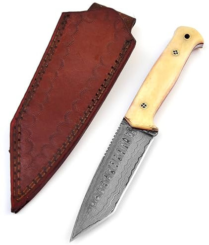 Couteau de chasse damassé MAQ1303 - Beau grain de lame en acier damassé - Avec étui en cuir